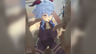 Ganyu rides while giving two handjobs