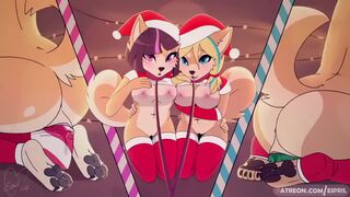 Furry christmas girls rinding a dildo