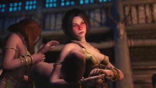 Tavern wenches convince a drunk Dragonborn that paying the bill is in his best Intere