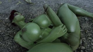 Futanari Orc Jerking off her huge dick in the rain