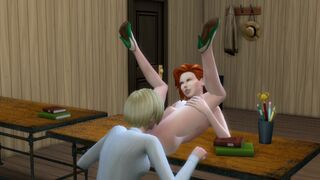 Naughty blonde teacher rubbing herself with hot red-haired student