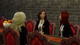 Naughty girls rubbing each other. Lesbians at the dinner table at Hogwarts. Hermione,