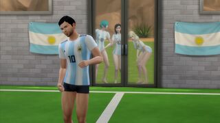 Lionel Messi celebrating the world cup with three argentina fans