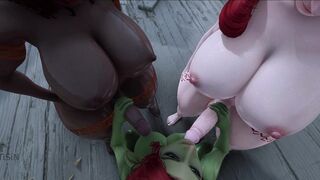 2 Futanari Dwarves Fill Goblin Tummy with Cum