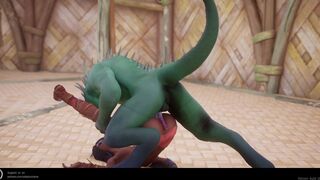 Lizardman fucks both holes and covers petite girl in cum