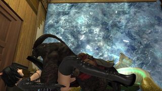 miqo'te playing with his statue with a big penis