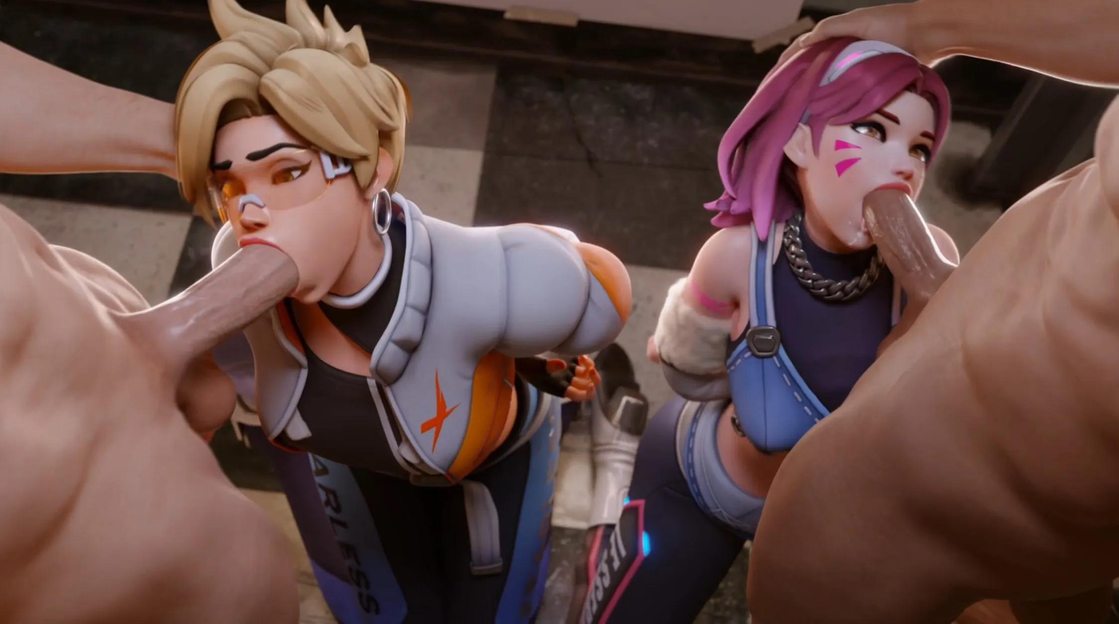 Tracer and D.Va entwined in a passionate embrace