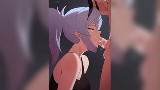 Girl gives a Blowjob while Grabbed by the Horns