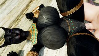 Black Khajiit cat in gold rides a dick