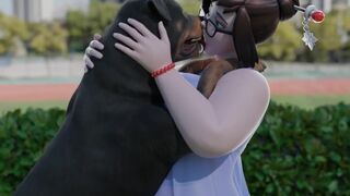 Mei kisses her dog
