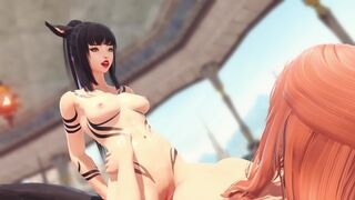 Miqo'te Riding Her Futa Friend at the Pool