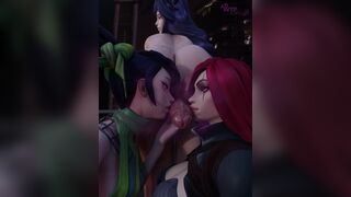 Katarina and Akali kissing Ahri's cock