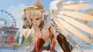 Mercy bends over for her dog
