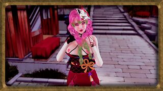 Playful Mitsuri Kanroji dancing and posing in skimpy dress without panties