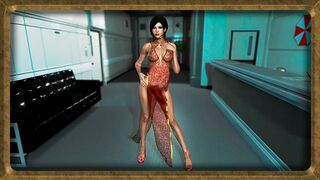 Gorgeous Ada Wong in a transparent dress dances in the Umbrella office