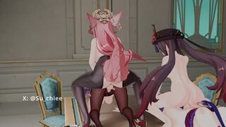 Animation genshin hutao x raiden shogun, yae miko x mona