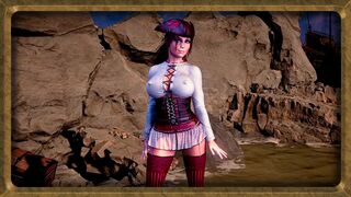 Pirate queen Lara Croft seductively dances on the coast before storm