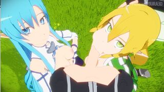 Sword Art Online Leafa & Asuna x Kirito double blowjob