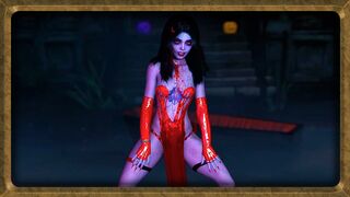 Young vampire girl in red dress beckons her prey with dance and sexy body