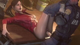 Claire takes a break in the save room with Leon.[Timpossible]