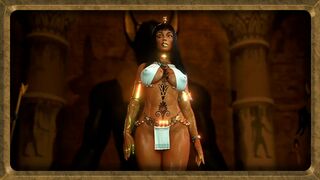 Gorgeous egyptian priestess propitiates the Anubis with depraved dances