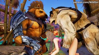 Threesome with 2 Horses and sexy Elf in pink