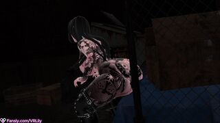 Goth mommy rides dildo in alley way