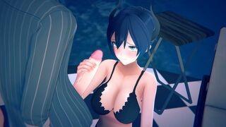 Bluehaired girl in lingerie practicing handjobs