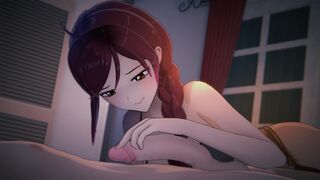 Braided brunette fondles cock