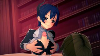 Blue haired girl giving a boobjob