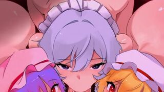 Three girls doing blowjob