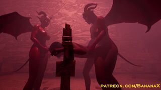 Two Demon Succubus Futanari Destroy Chained Slave - Double Futa Anal Domination 3D