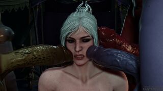 Shadowheart surrounded by four dicks