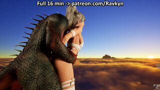 A lizardman with a double cock fucks a beautiful white-haired girl in the clouds